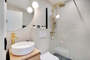 Chuveiro, secador de cabelo, toalhas de banho, shampoo