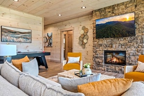 TV, fireplace, video games, foosball