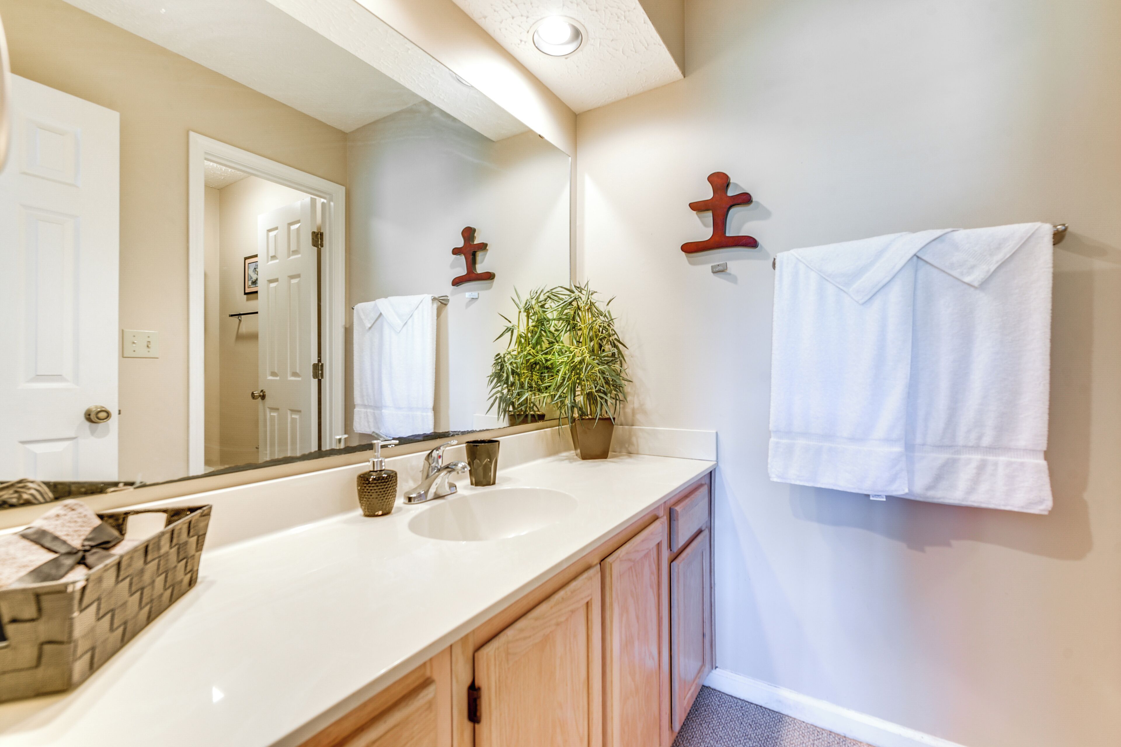 A bathroom with a white sink, wooden cabinets, a mirror, and a potted plant.