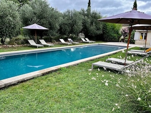 Une piscine rectangulaire bordée de pierres, entourée d’une pelouse et d’une rangée de chaises longues blanches.