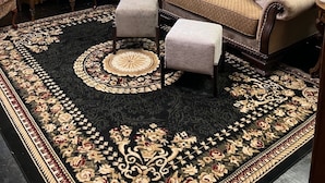 Un salon avec un tapis à motifs, un canapé, un fauteuil et une petite table.