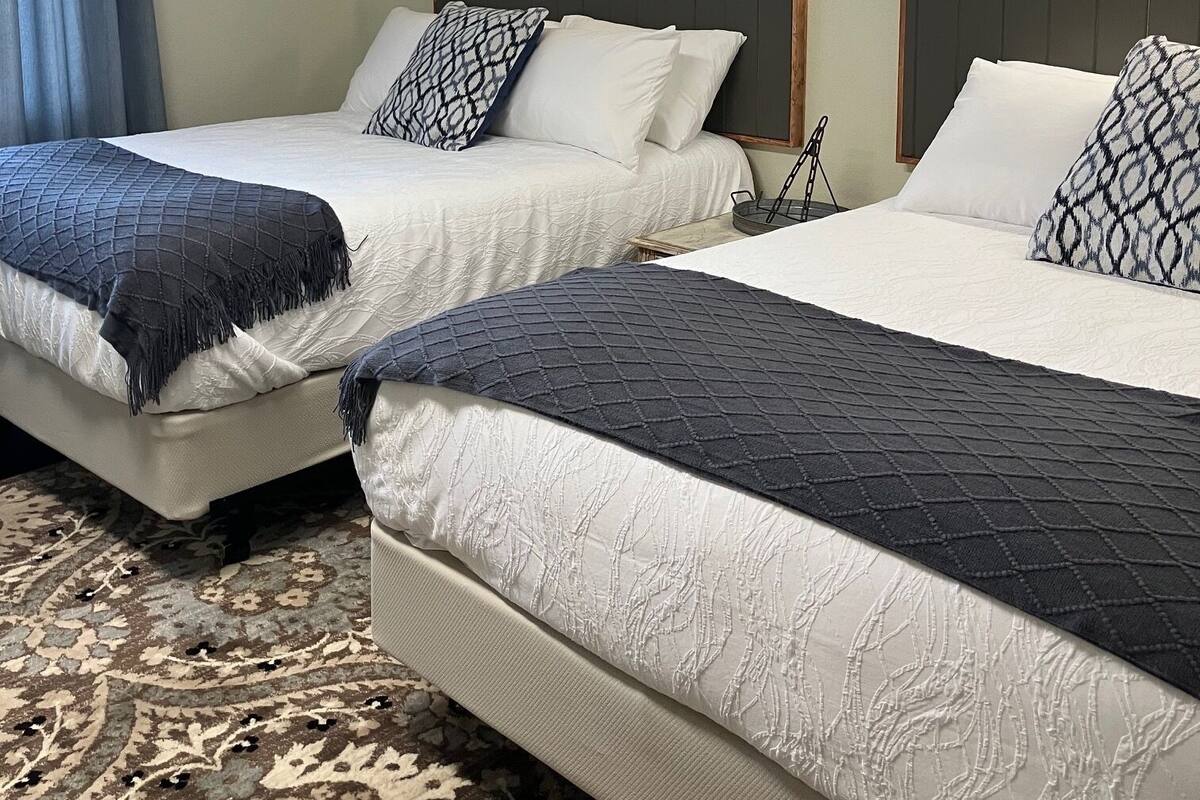 Duas camas de solteiro com cabeceiras, um tapete estampado e um lustre suspenso.