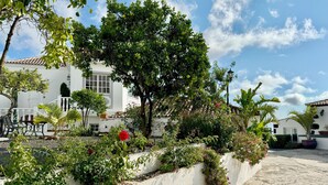 A courtyard with a white building, a tree with green leaves, and a bench. - Casa Vista Mar 2 Los Laureles (El Paso)