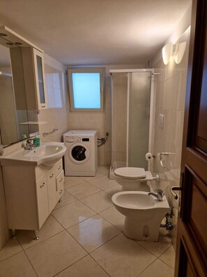 Shower, hair dryer, bidet, towels