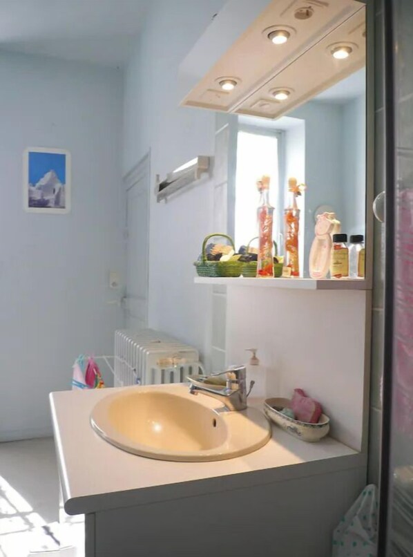 A bathroom with a white sink, a mirror, and a shelf with toiletries. - Ancien Pavillon de Chasse Situé Dans une Campagne Paisible . (Bélâbre)