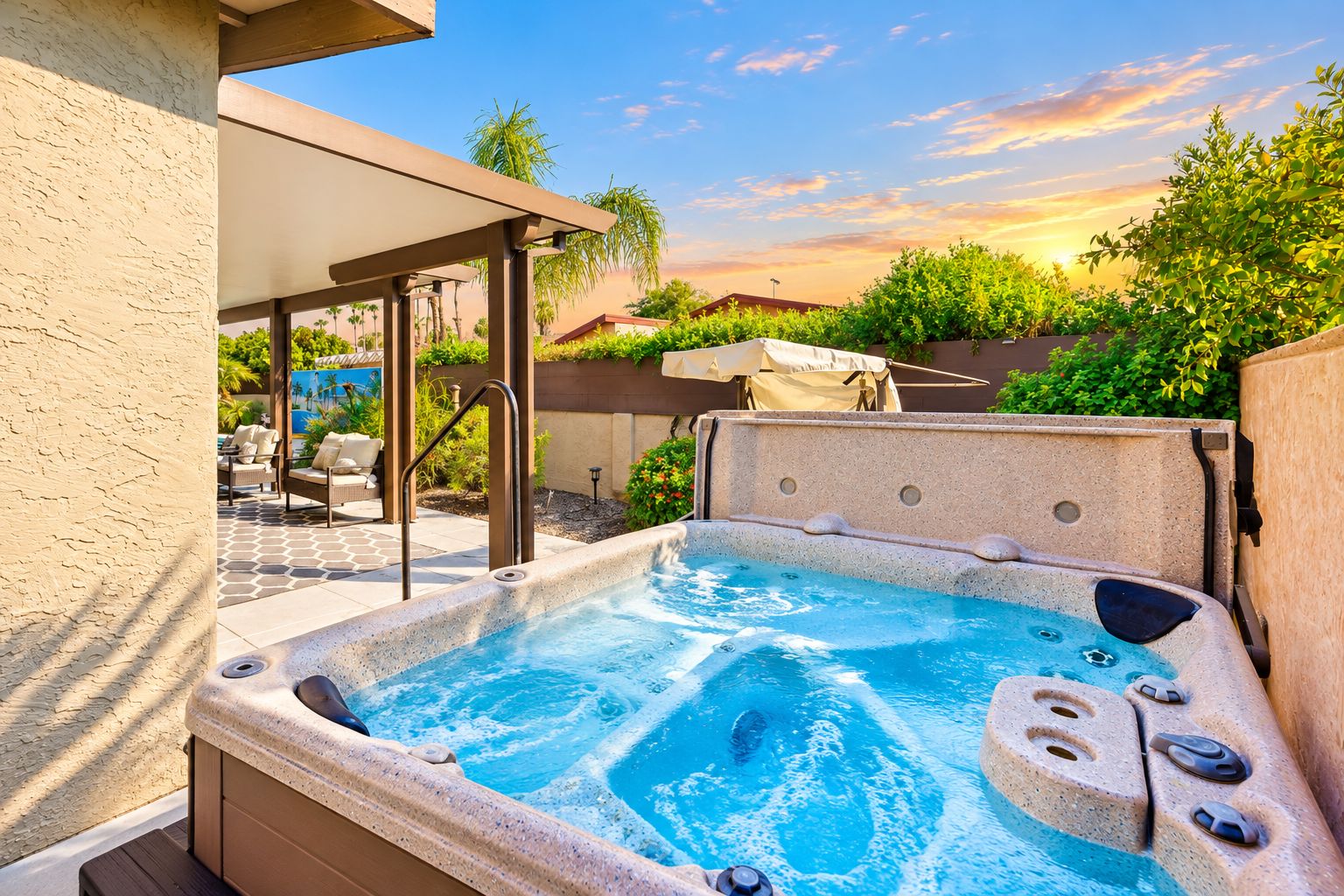 A hot tub with a stone exterior, surrounded by a patio area with outdoor furniture and a view of a sunset.