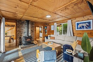 Smart TV, chimenea, libros y monitor de computadora