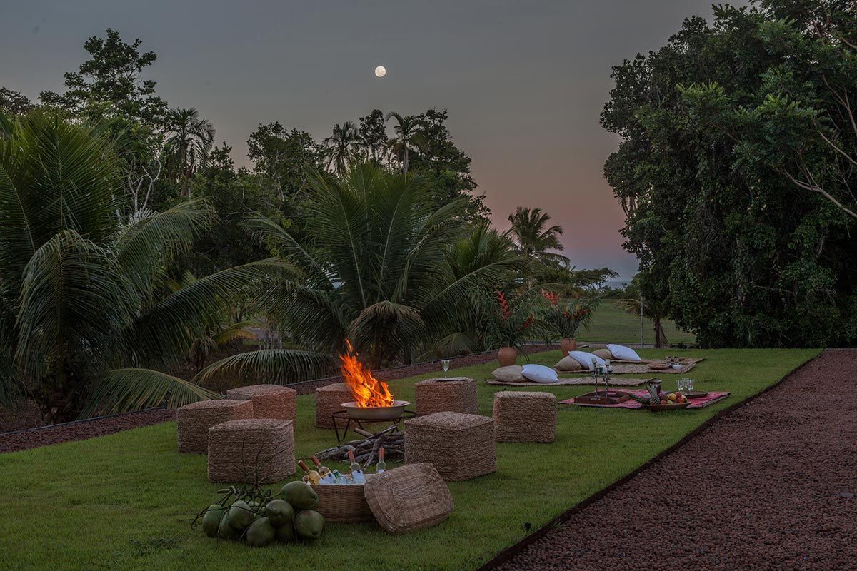 Un entorno exterior tranquilo con una hoguera rodeada de asientos de mimbre, una zona de picnic y abundante vegetación bajo un cielo crepuscular.