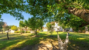 A garden with a hammock hanging from a tree, surrounded by well-maintained grass and a few trees.
