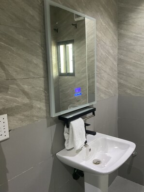 Shower, hair dryer, bidet, towels