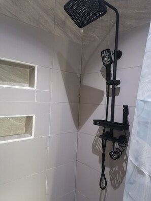 Shower, hair dryer, bidet, towels