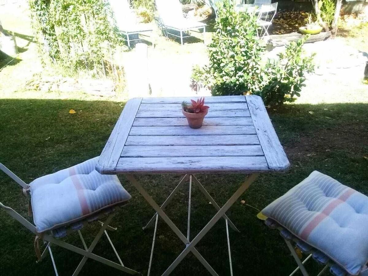 Ett litet träbord med en krukväxt, två stoppade stolar och en grönskande utomhusyta med växter och stolar i bakgrunden.