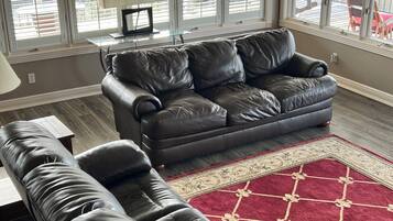 Smart TV, fireplace, books, music library