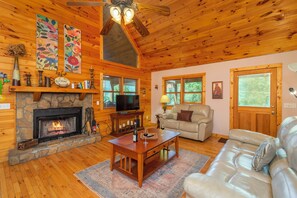 TV connectée, cheminée, livres