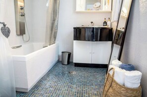 Hair dryer, towels, soap, shampoo