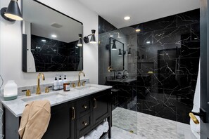 Hair dryer, towels, soap, shampoo