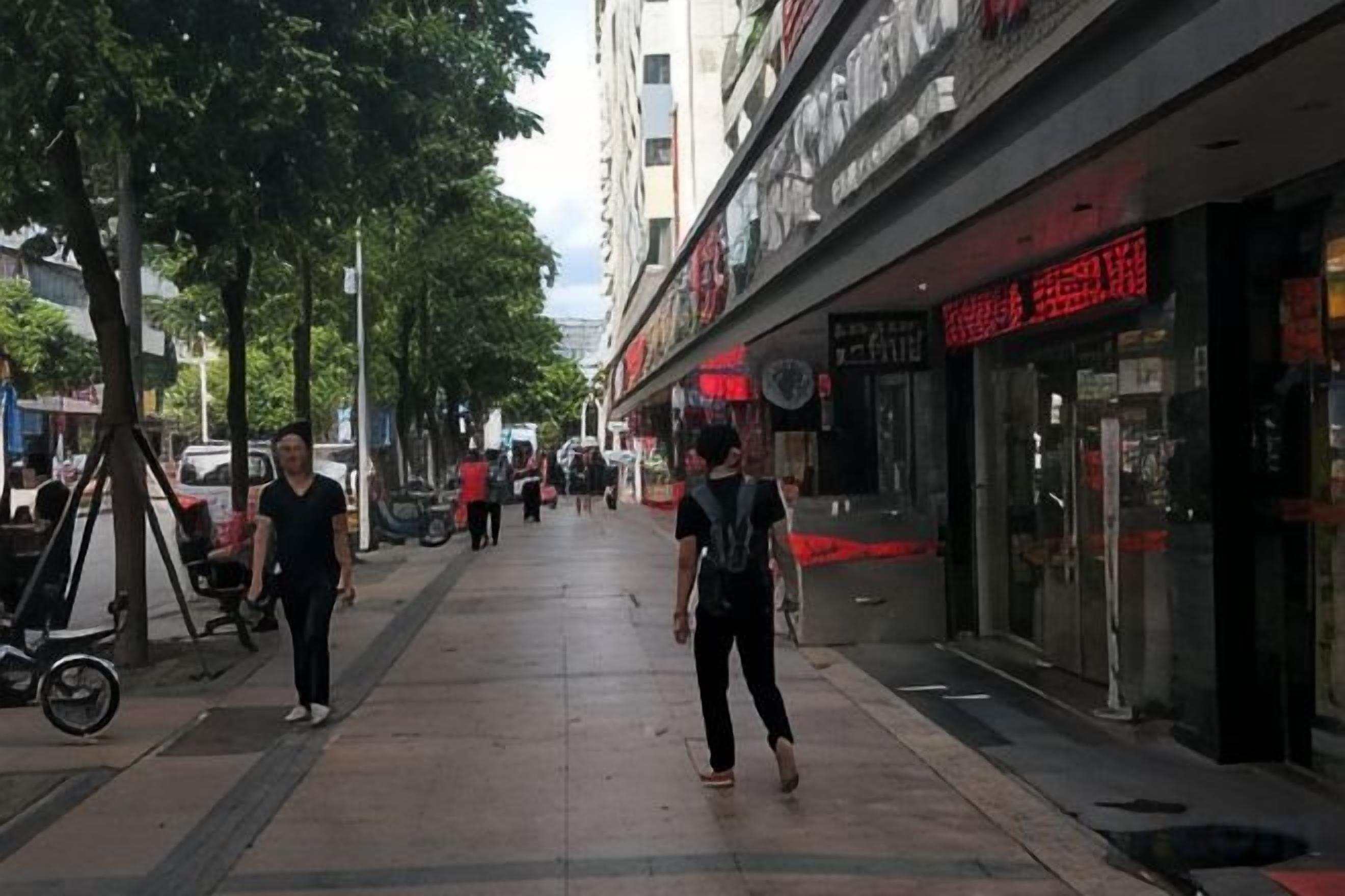 A pedestrian walkway with storefronts on one side and trees on the other.