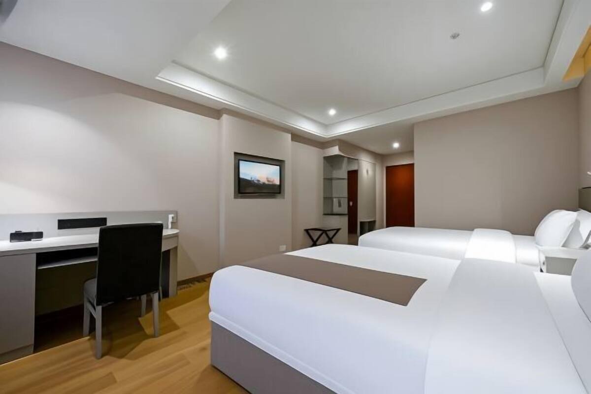 Een hotelkamer met een bed, een bureau, een stoel, een televisie en een spiegel.