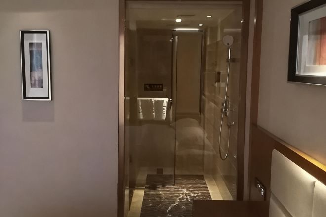 Een gang die leidt naar een douchegedeelte met een glazen deur, een lijst met een afbeelding aan de muur en een marmeren vloer.