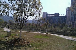 A park with a tree, a path, and a building in the background. - Shui'an Waterfront Hotel (Weng'an County)
