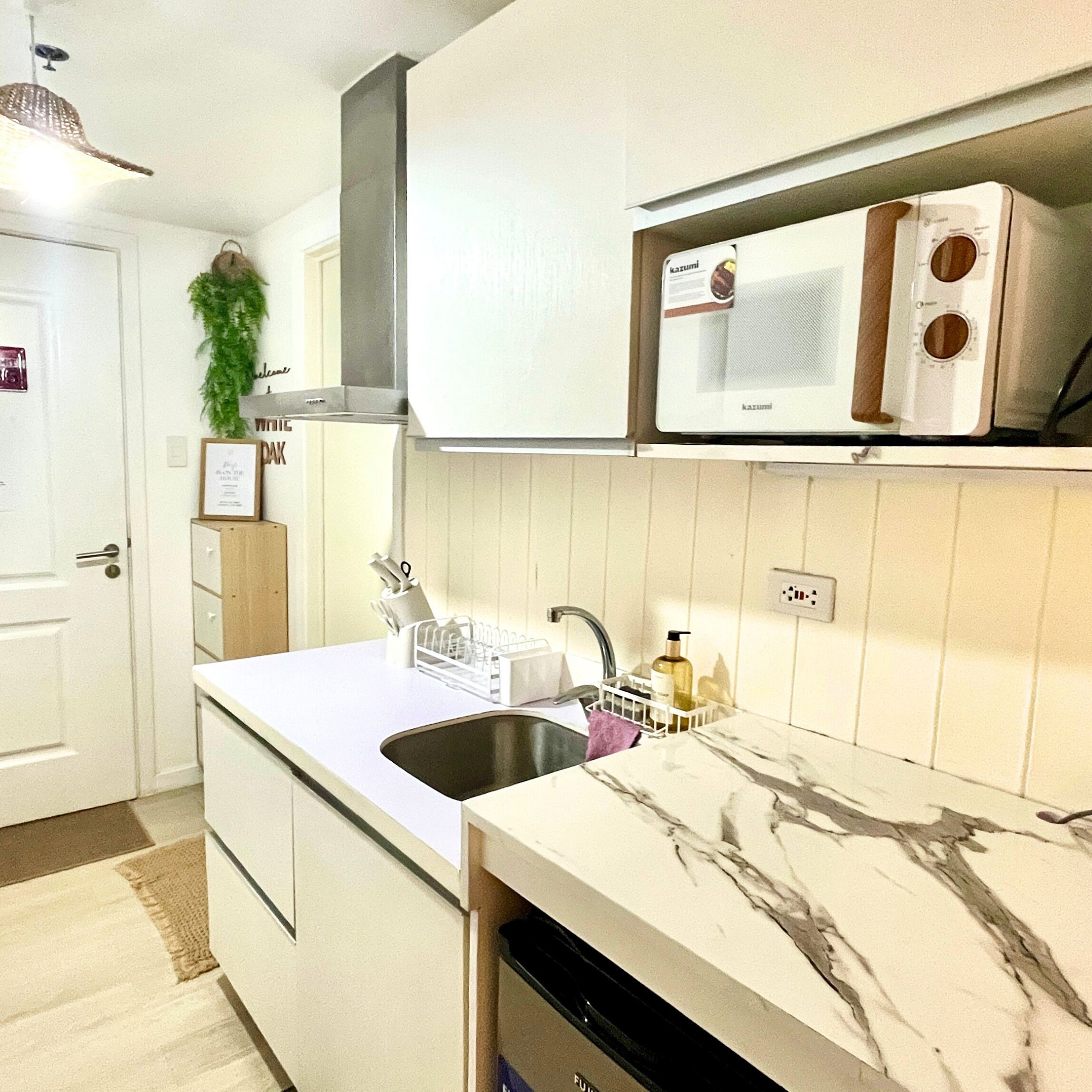 Fridge, microwave, stovetop, electric kettle