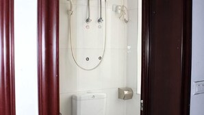 Une salle de bain équipée d’une douche, de toilettes et d’un distributeur de savon.