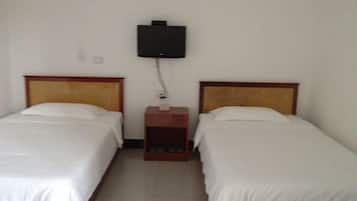 Una habitación con dos camas individuales, una mesita de noche de madera y un televisor montado.