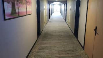 A hotel hallway with a carpeted floor, doors on both sides, and a corridor leading to a bright end.