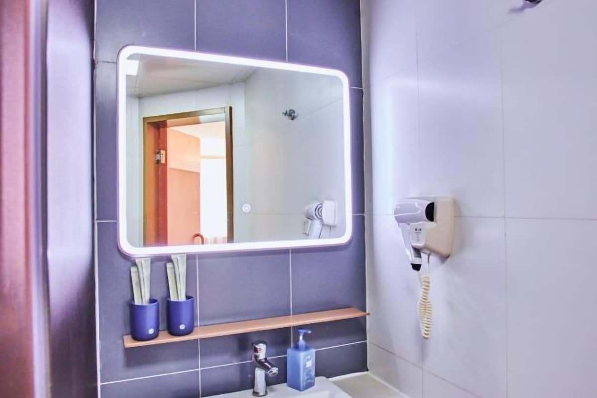 A bathroom with a large mirror, a hairdryer, and two potted plants on a shelf.