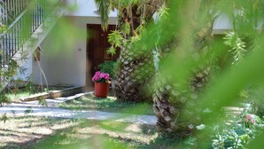 A garden with a palm tree, a potted plant with pink flowers, and a wooden door. - SANTA CATALINA (Polygyros)