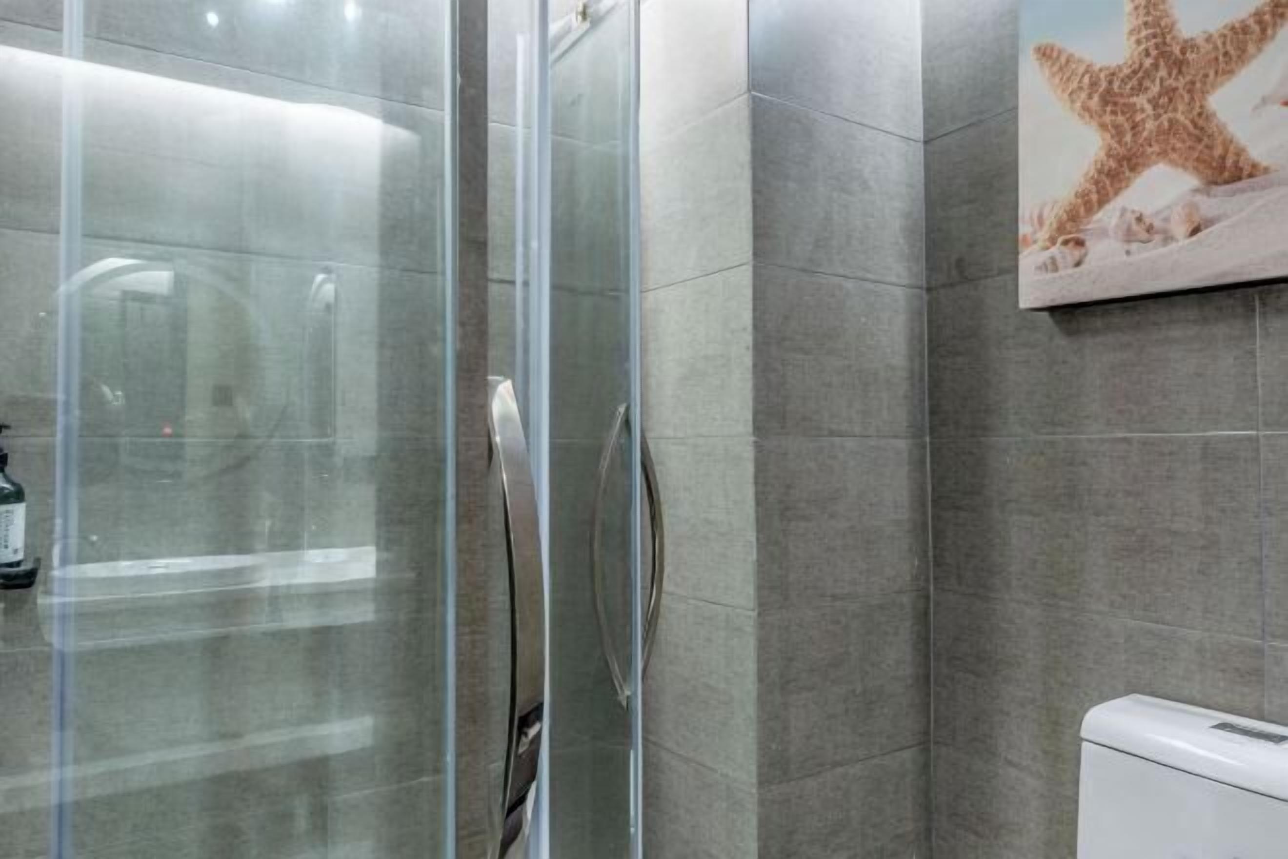 Eine Duschkabine mit Glas, eine weiße Toilette und eine Wand mit einem Seestern-Kunstwerk.