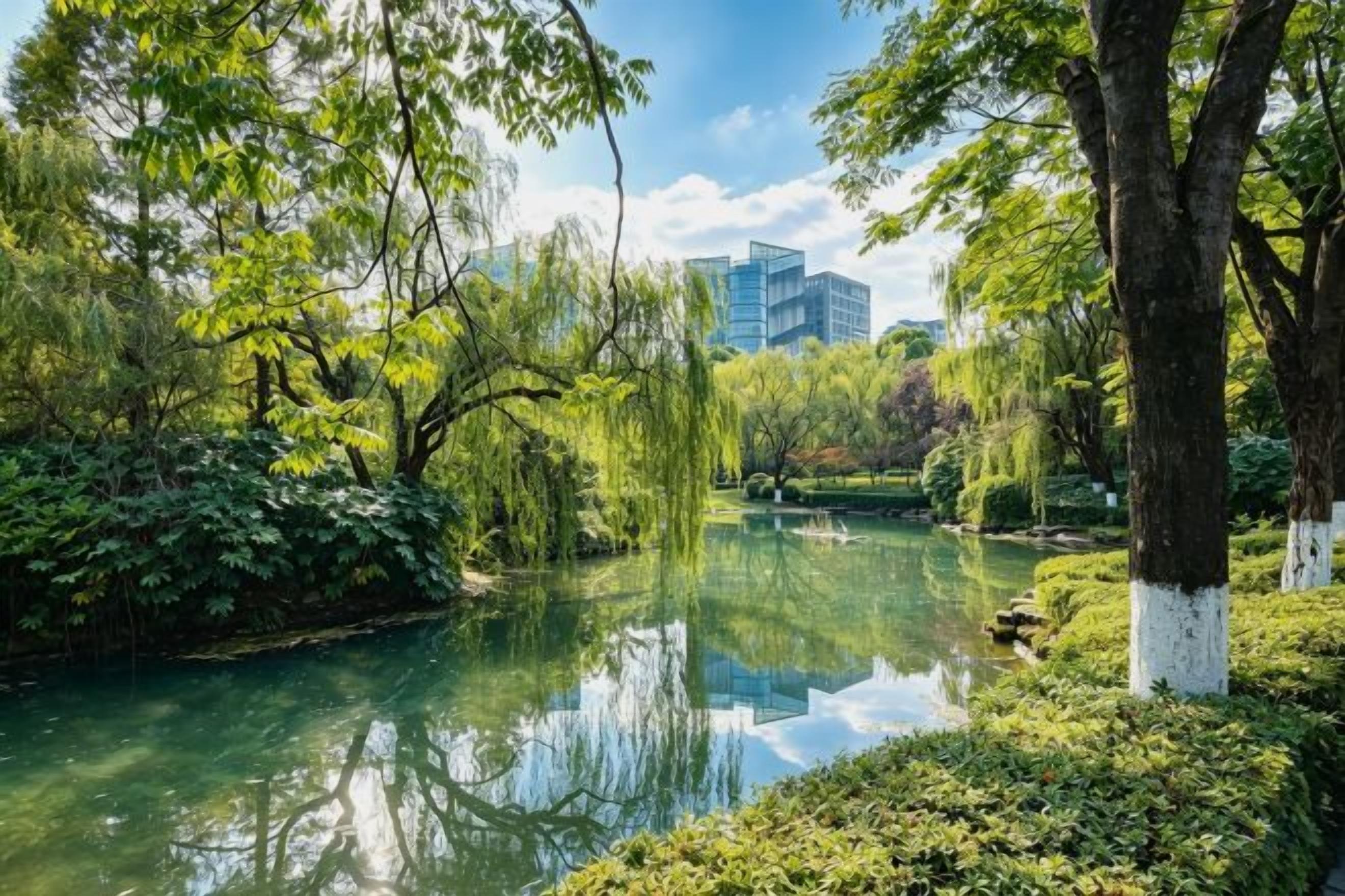 A serene park with a calm pond, lush greenery, and a modern building in the background.