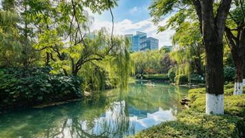 A serene park with a calm pond, lush greenery, and a modern building in the background.