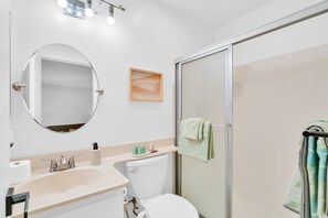 Hair dryer, bidet, towels, soap