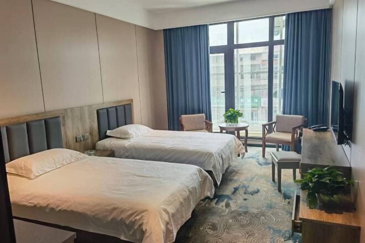 A hotel room with two beds, a TV, a small table with a plant, and a view of the city through large windows.