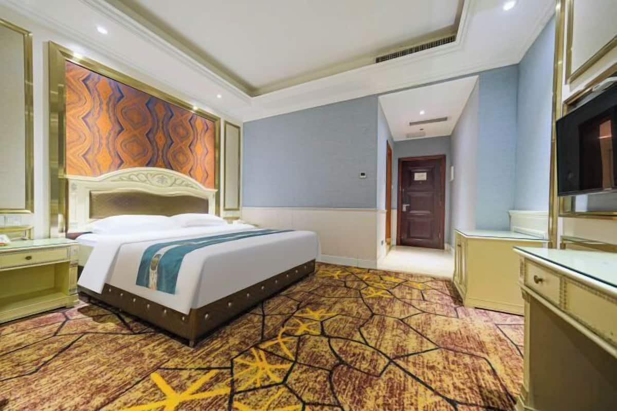 Une chambre d’hôtel avec un grand lit, une télévision, un bureau et une moquette à motifs.