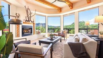 Smart TV, fireplace, video games, foosball