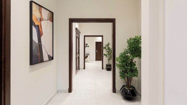 A hallway with a framed abstract painting, a potted plant, and a door at the end. - Sleep Inn Apart-hotel (New Cairo)
