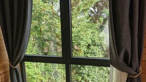 A room with a large window, wooden walls, and a floral carpet. - Eldeweiss Normand (Saint-Marcel)