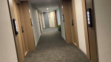 A hotel hallway with carpeted floors, wooden doors, and a light-colored wall.