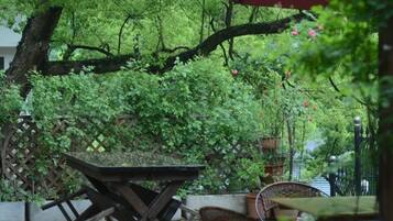 An outdoor seating area with a table and chairs, surrounded by lush greenery and a tree.