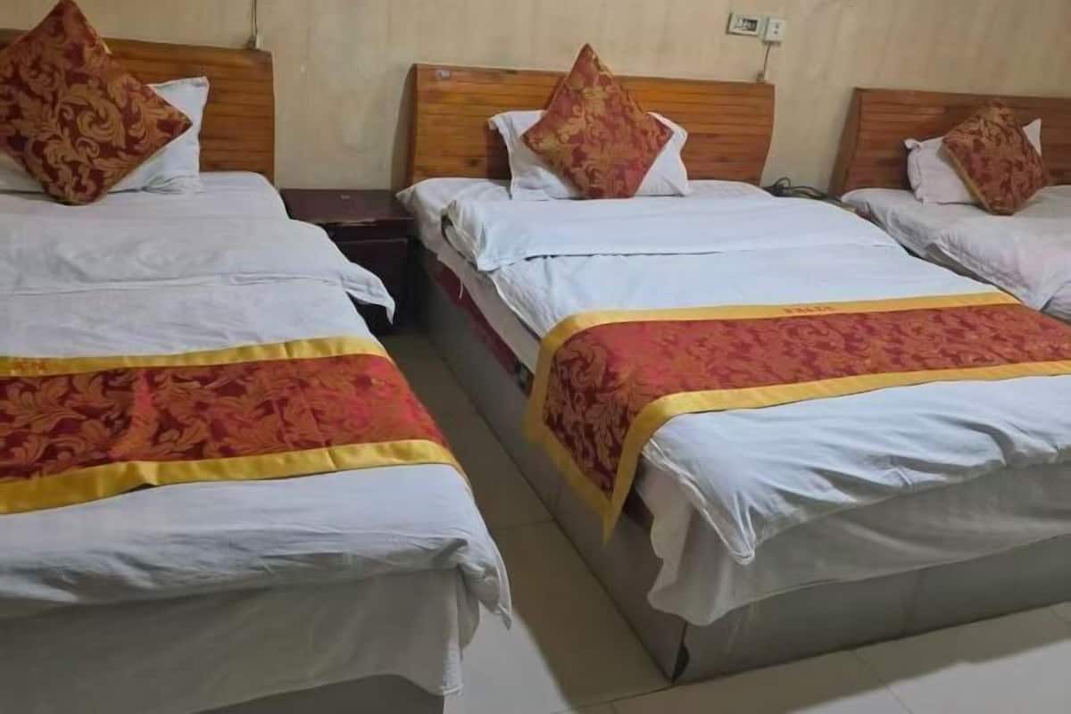 Une chambre d’hôtel avec trois lits simples, chacun doté d’une tête de lit en bois et d’une couvre-lit à motifs.