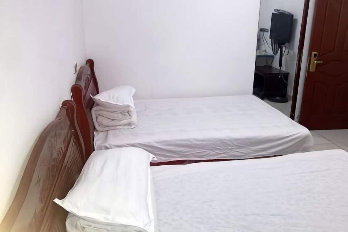 Une chambre avec deux lits, une tête de lit en bois, un mur blanc et une porte.