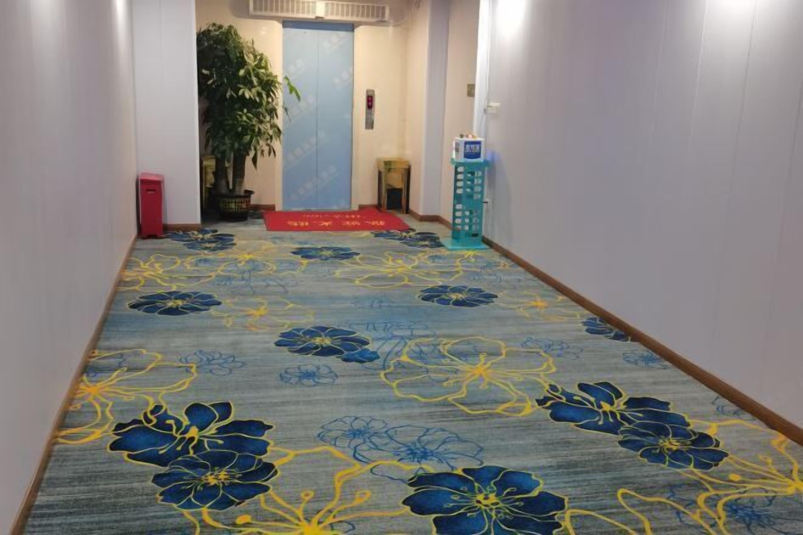 A hallway with a floral carpet, a red carpet leading to a door, a potted plant, and a blue elevator.