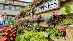 A wooden wall with a sign that reads "HAPPINESS" and is decorated with various colorful flowers.