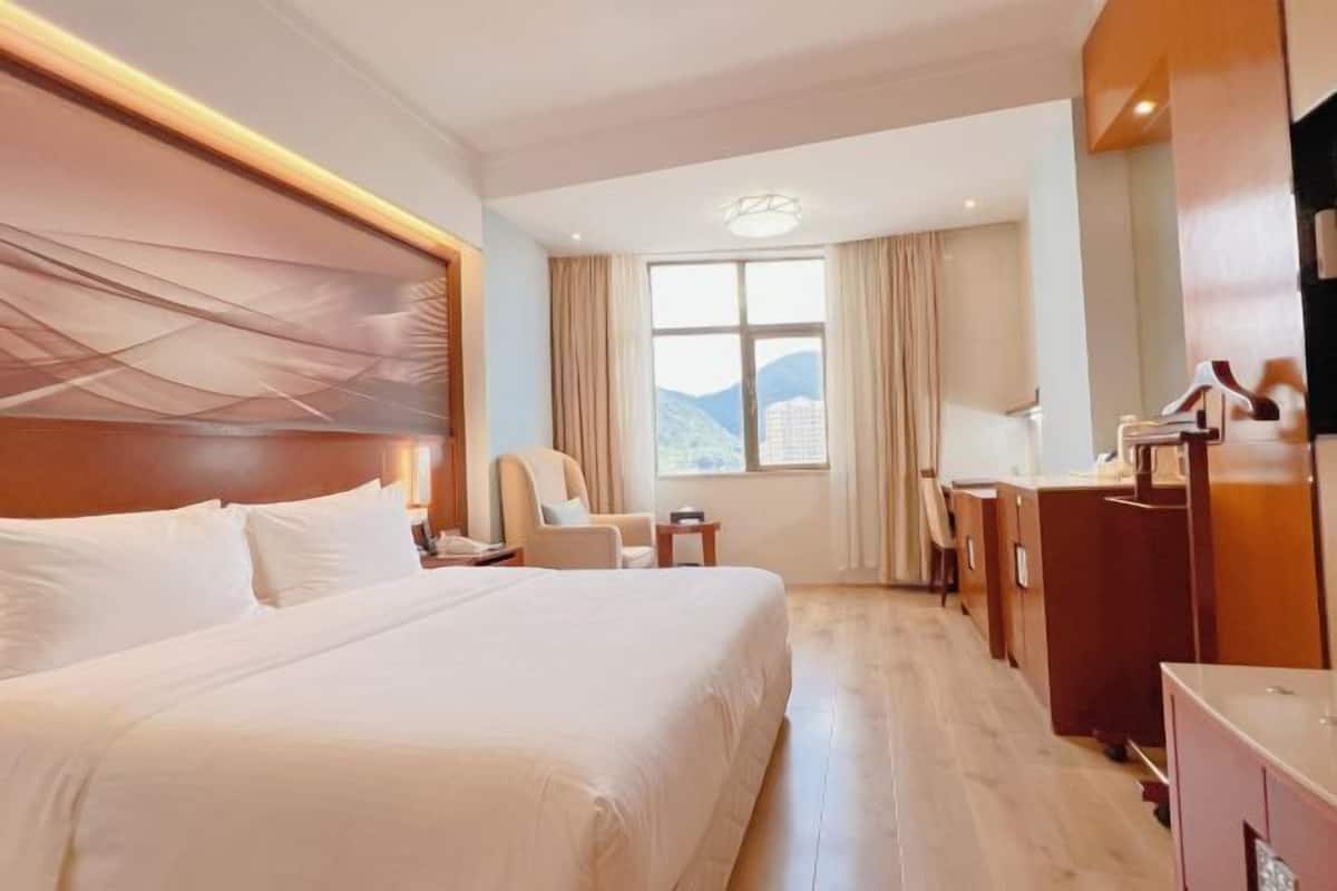 Habitación de hotel con una cama grande, un escritorio, una silla, un armario y una ventana con vistas a las montañas.