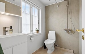 Features a sleek vanity with soap dispenser and single faucet, adjacent to a compact toilet and shower area with handheld showerhead.