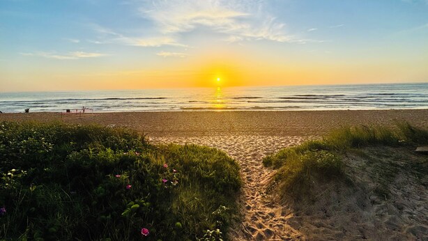 A beach path leading to the ocean with a sunset in the background. - It's beach time! Enjoy the sunshine! (Ormond Beach)
