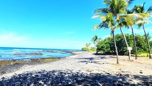Una playa con costa rocosa, palmeras y cielo azul claro.