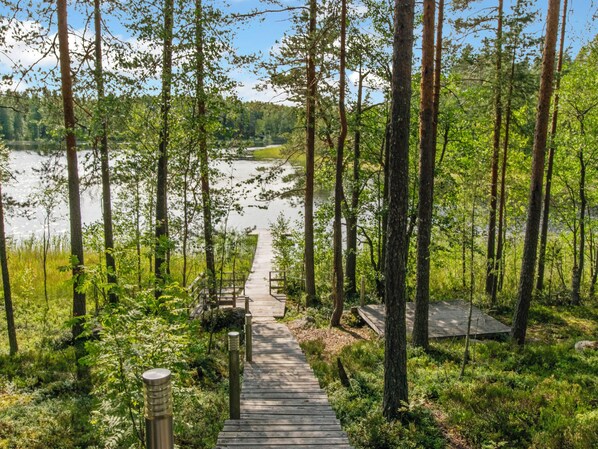 Una pasarela de madera conduce a un muelle sobre un lago tranquilo, rodeado de un bosque denso.